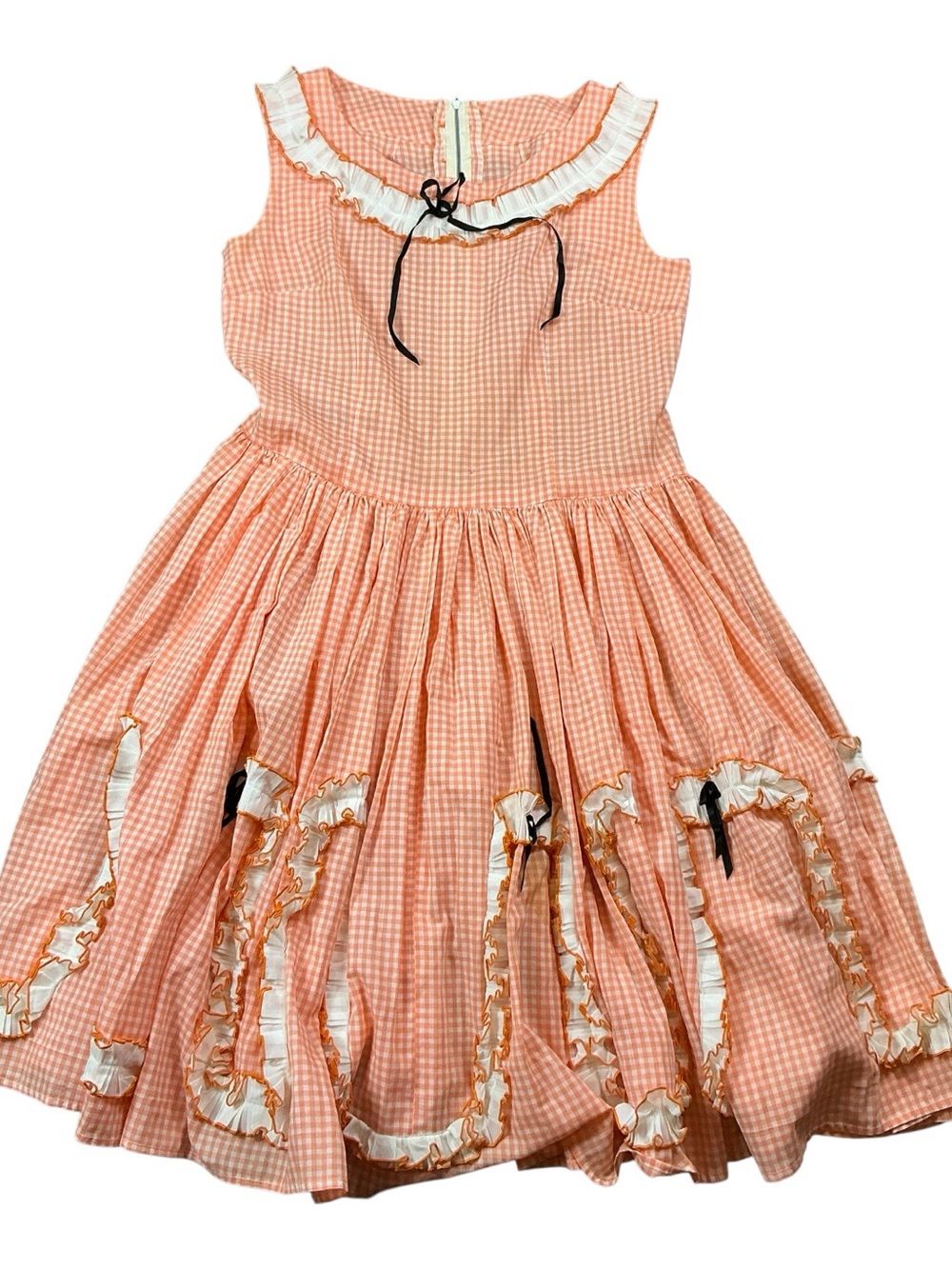 Vintage 1960s orange and white Gingham check sleeveless ruffle dress USA SZ S/M